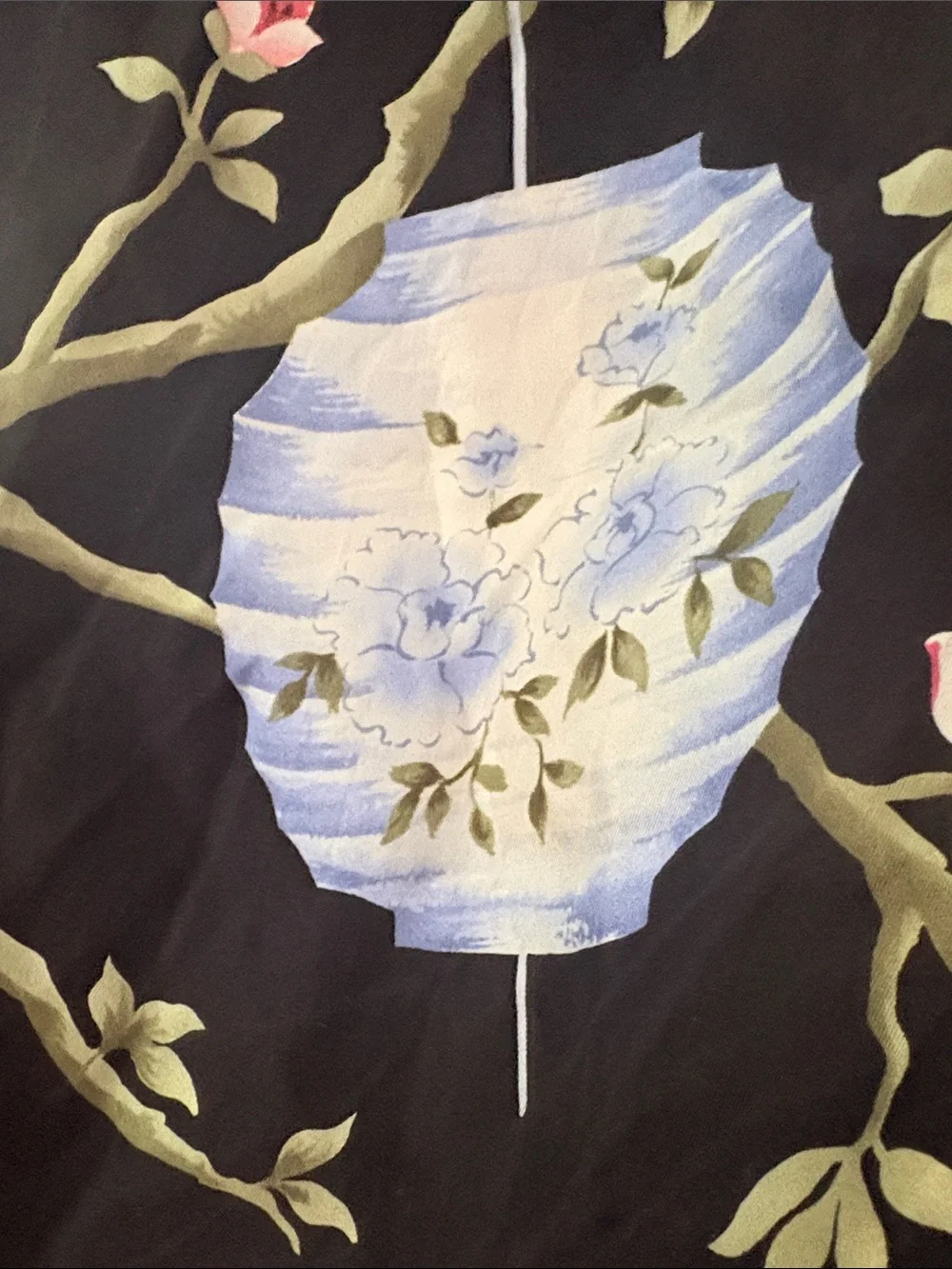 Talbots Black Floral Lantern Print Silk Scarf with Pink and Green Accents